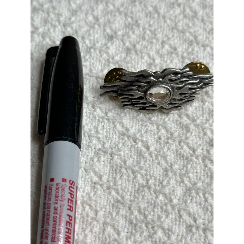 Flaming Sunburst Silver Tone Lapel Pin With Clear Gem Dual Clutches Motorcycle - Picture 4 of 6